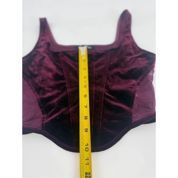 Burgundy Velvet Corset Top Mesh Panel Bustier Crop Tank Y2K Clubwear Soft - Picture 5 of 6